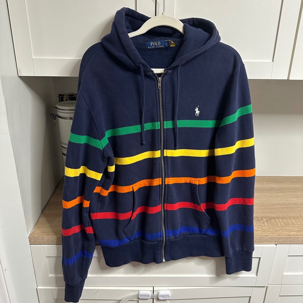 Polo Ralph Lauren Men's Hoodie Full Zip M Navy Rainbow Striped Fleece Sweatshirt
